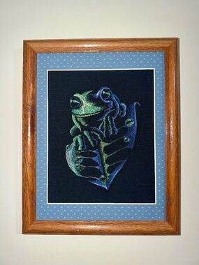 Homemade Frog & Leaf 11X14 Embroidery Art